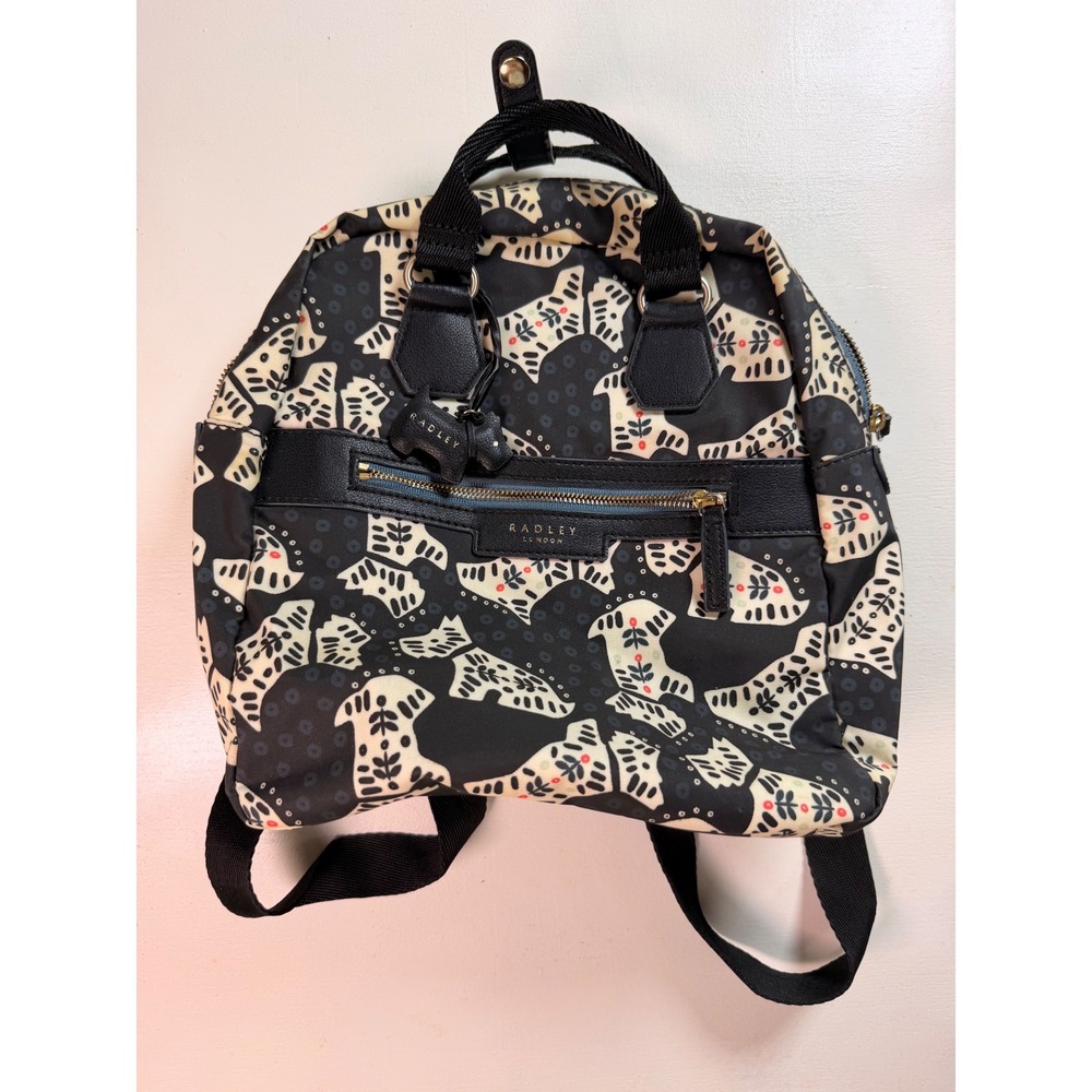 Radley London Backpack Women Small Black Scottie Dog Print Excellent Nylon Bag